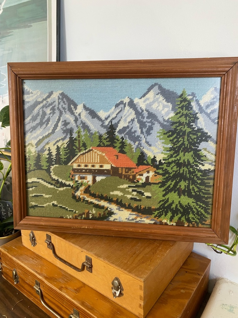 Vintage Handmade Framed Cross-Stitch Mountain Cabin Landscape - Green, Blue, Red
